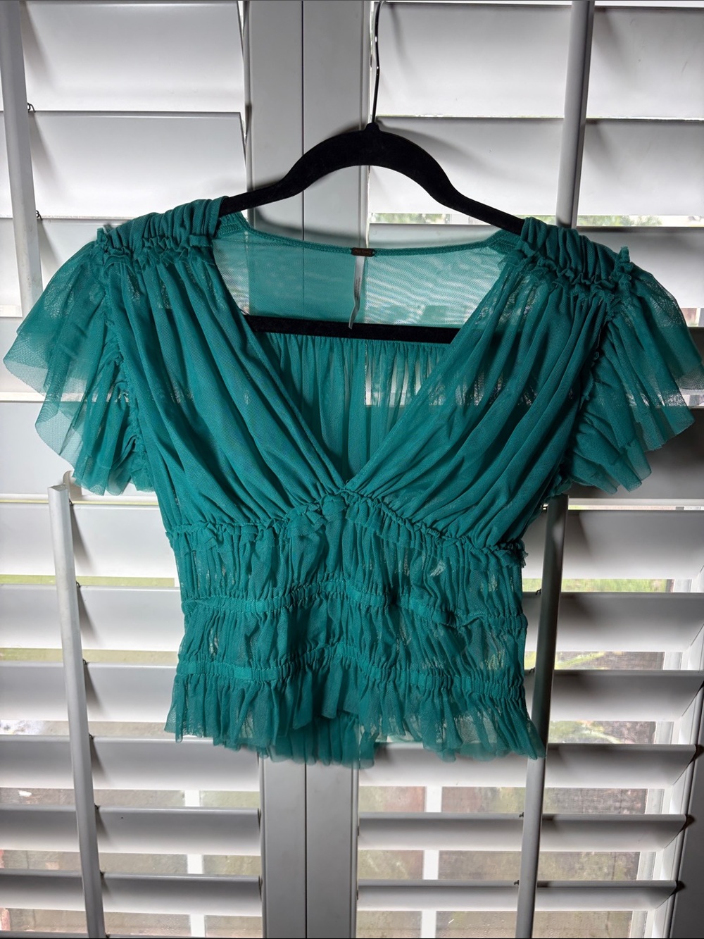 Free People Teal Ruffled Mesh Peplum Crop Top